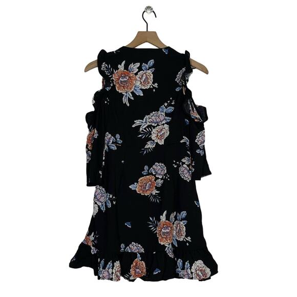 NEW Romeo & Juliet Couture Black Floral Faux Wrap Mini Dress S Cold Shoulder - Picture 3 of 10